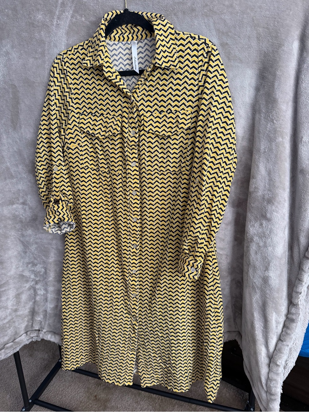 NY Collection Yellow and Black Chevron Long Sleeve Shirt Dress